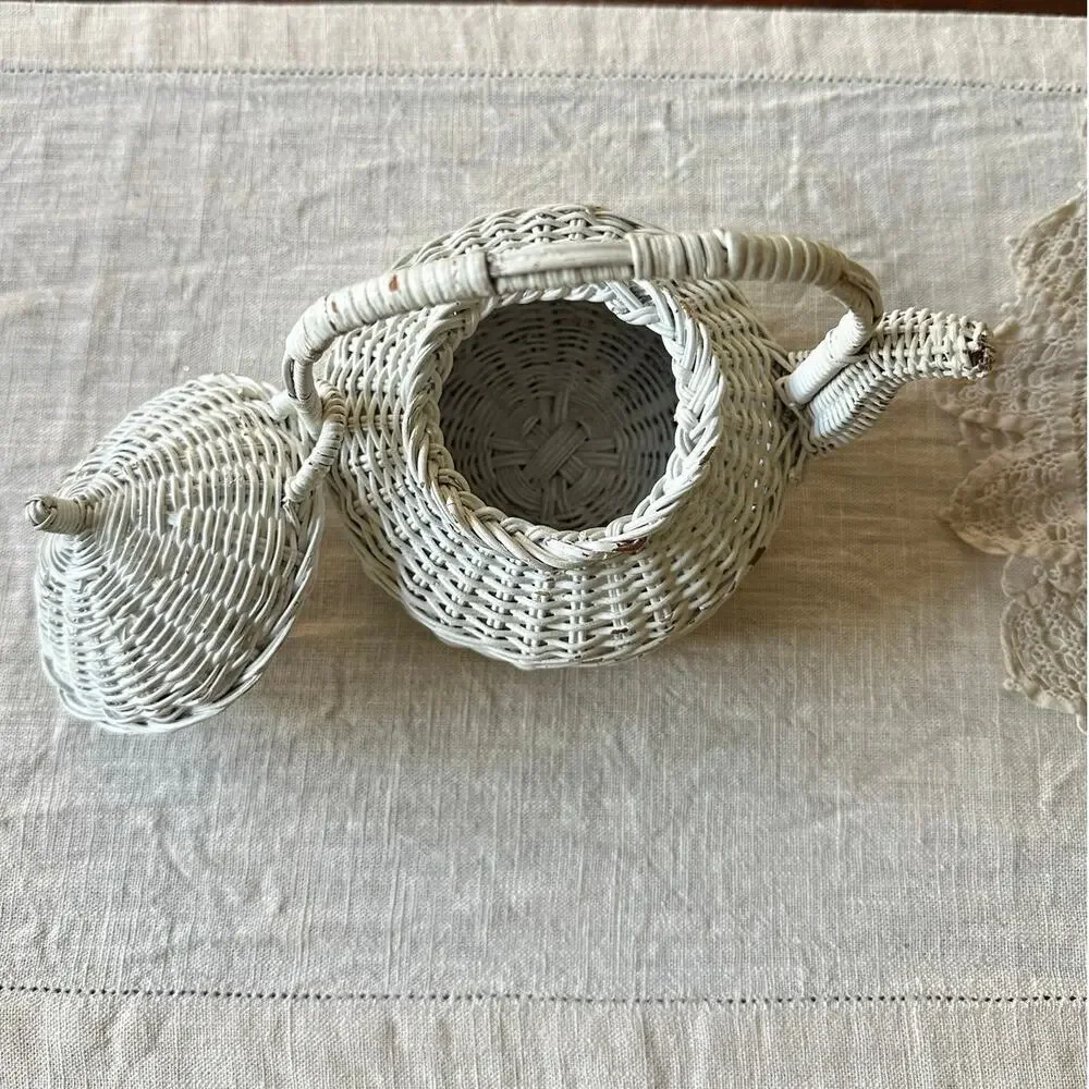 Vintage White Wicker Teapot Shape Basket Cottage Decor 6.5